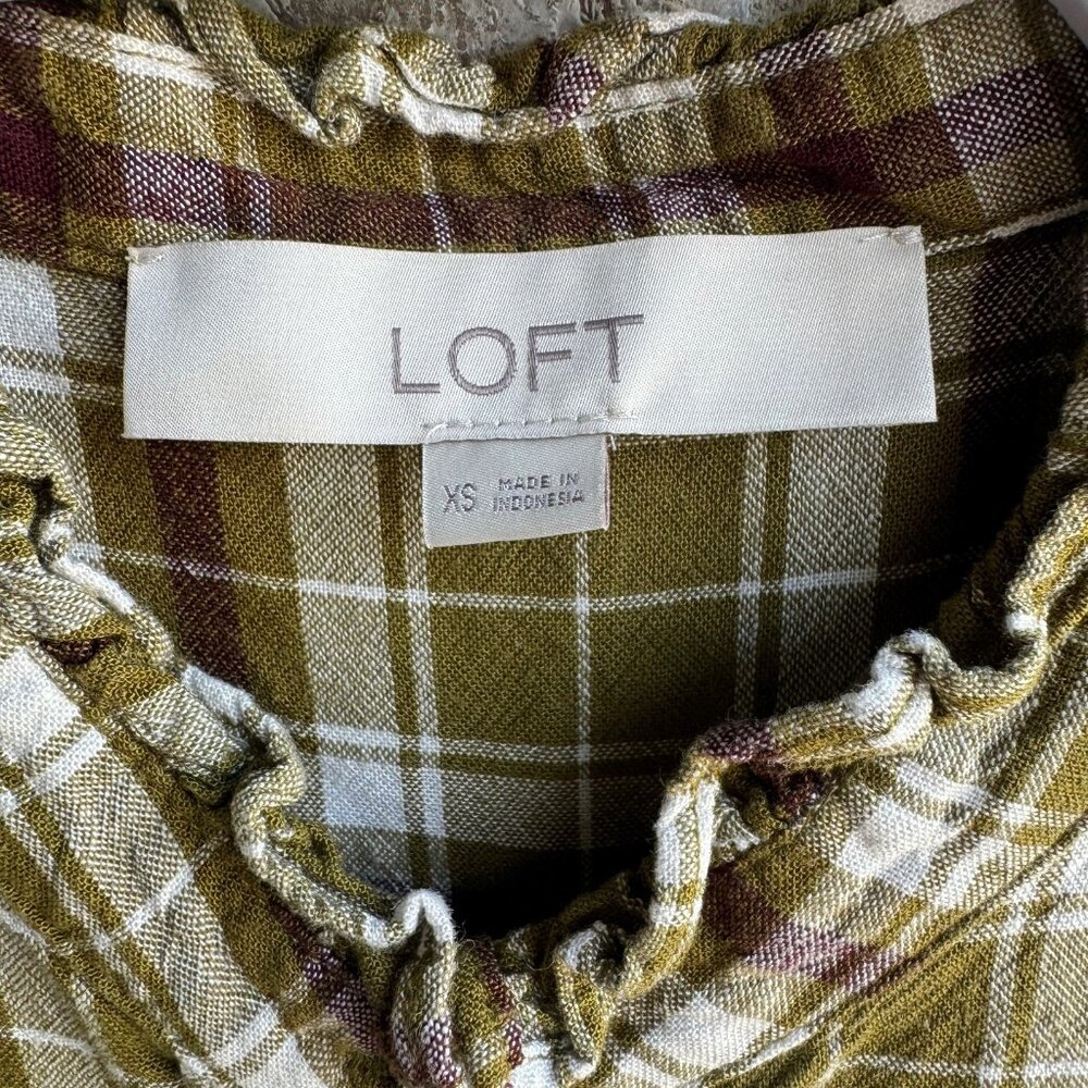 LOFT Womens Plaid Ruffle Check Button Up Shirt, Size XS. - Picture 3 of 8